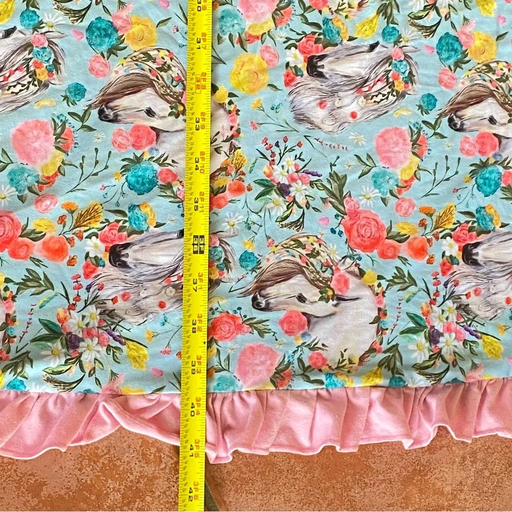 Whimsical Floral Horse Print Throw Blanket w/Solid Pink on the back side Ruffles